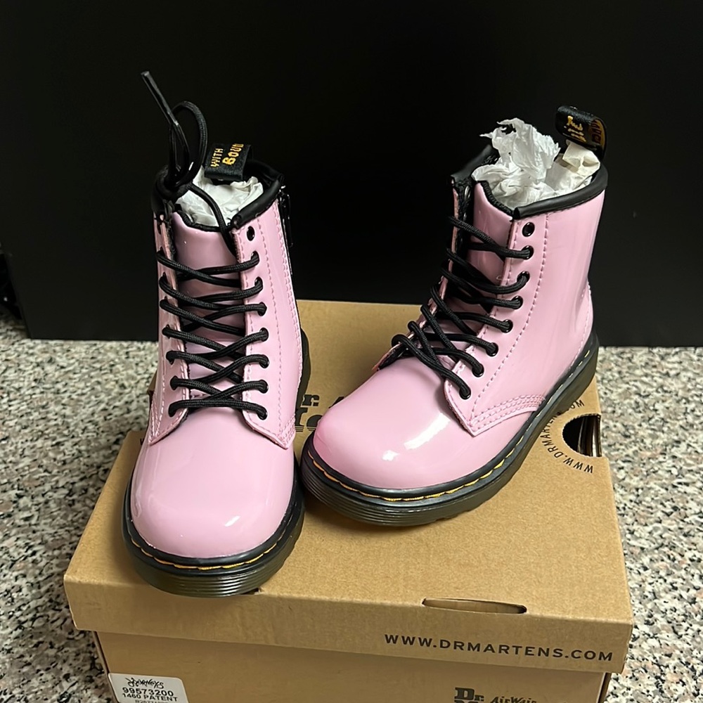 Dr Martens pale pink patent leather ankle zip combat boots - Doc Martens